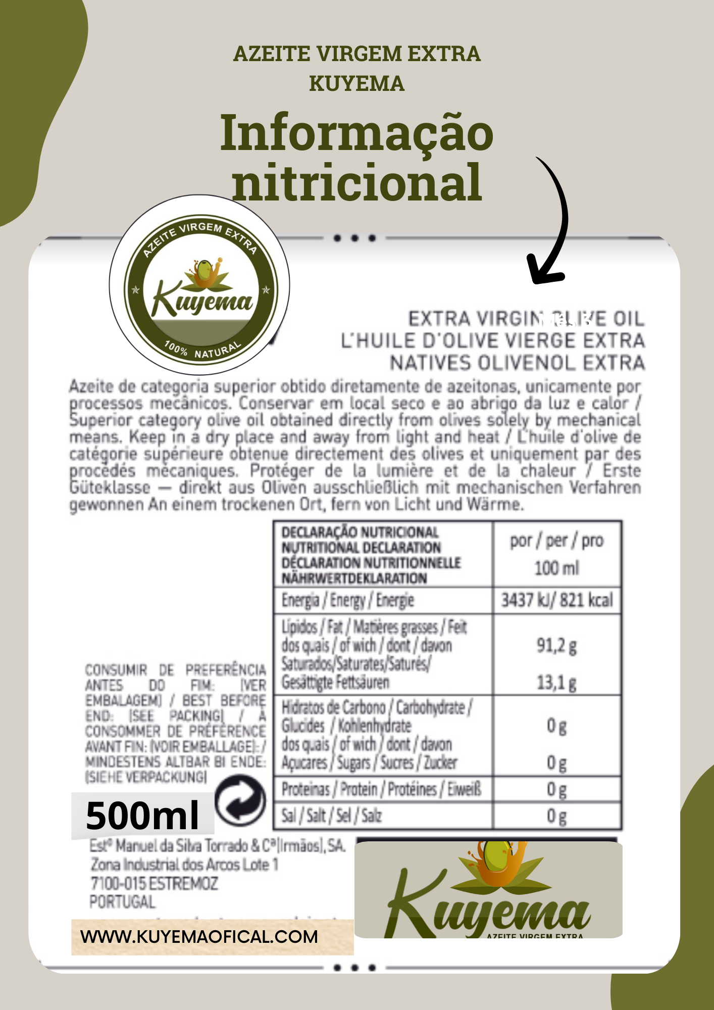 Azeite Virgem Extra Kuyema 500ml (Premium) (B2B: Quantidade min 600 un)